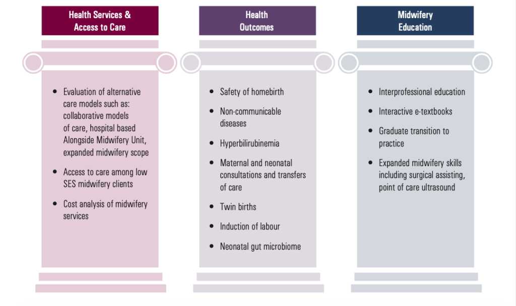 Health services & Access to Care, Health Outcomes, Midwifery Education diagram